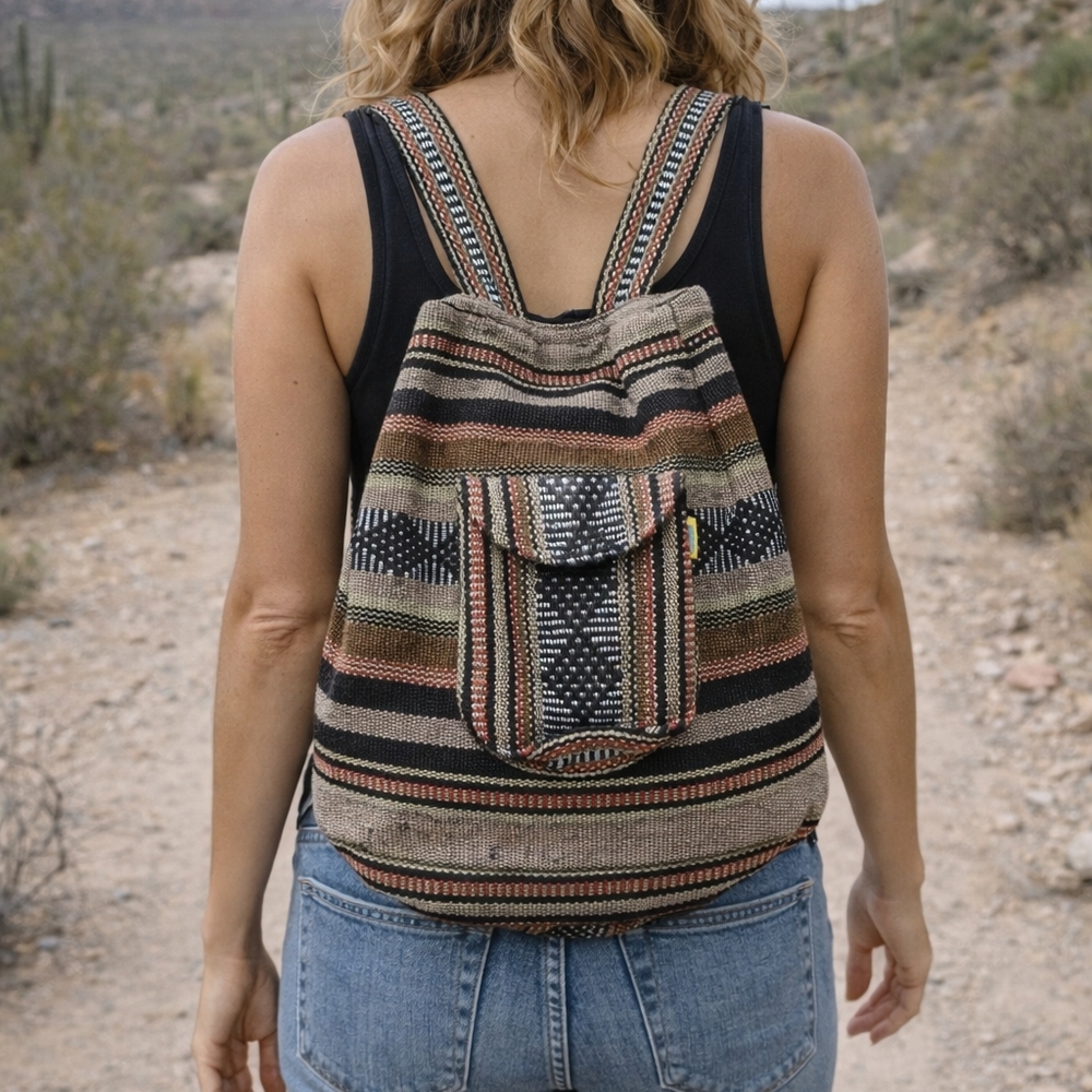 PINZON ARTESANIAS Brown WOVEN BACKPACK BAG BOHO HIPPIE‎ MEXICO SERAPE STYLE